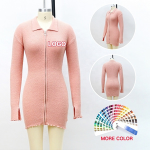 Ladies Knitwear Long Sleeve Polo Neck Ribbed Sweater Women'S Short Mini Knit Dress With Zipper