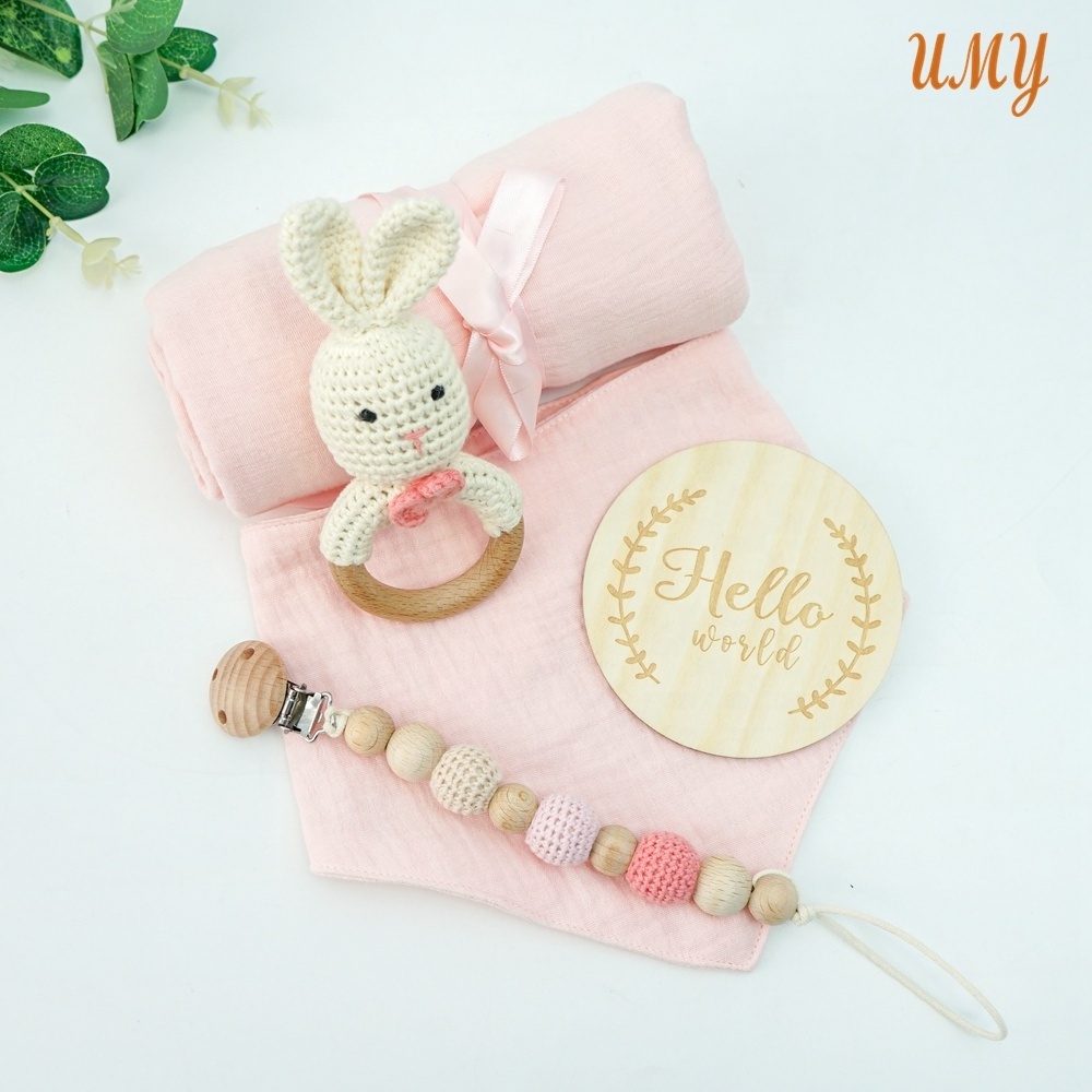 Newborn Shower Gift Box Baby 100% Cotton Infant Wrap Muslin Swaddle Blanket crochet Bunny rattle gift Set