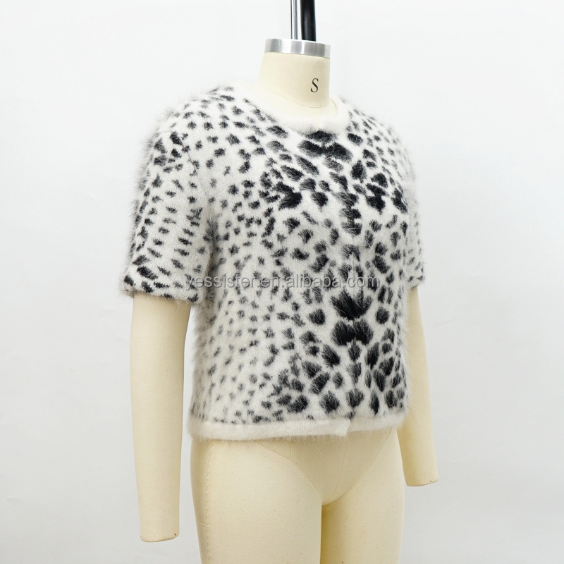 Women Mohair Hairy Fuzzy Short Sleeve Jacquard Knitwear Leopard Knit Cardigan Sweaters