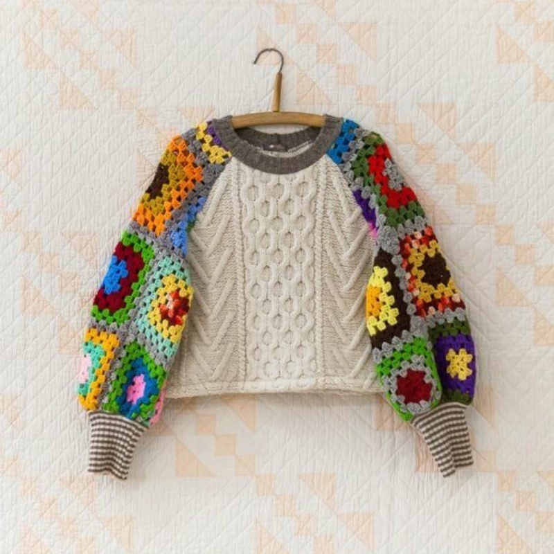 Colorful Chunky Hand Bubble Sleeve Pullover Crochet Square Knitting Sweater