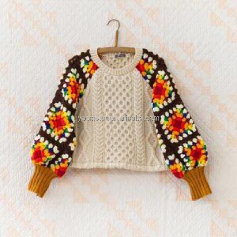 Colorful Chunky Hand Bubble Sleeve Pullover Crochet Square Knitting Sweater