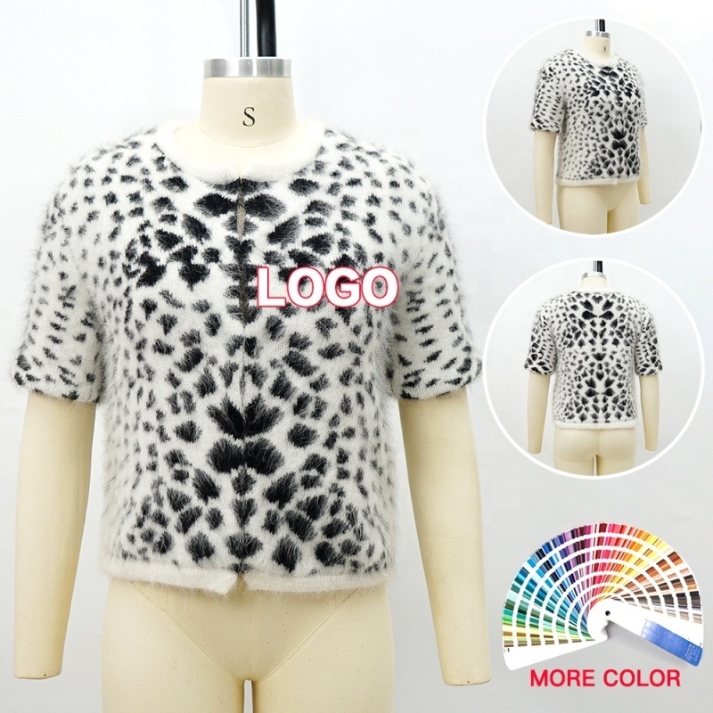 Women Mohair Hairy Fuzzy Short Sleeve Jacquard Knitwear Leopard Knit Cardigan Sweaters