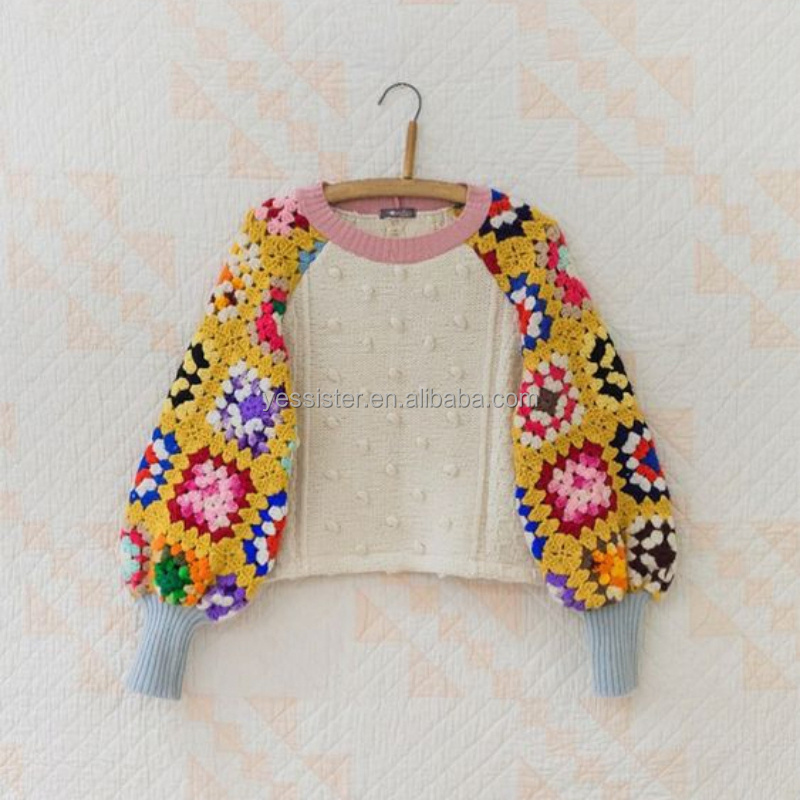 Colorful Chunky Hand Bubble Sleeve Pullover Crochet Square Knitting Sweater