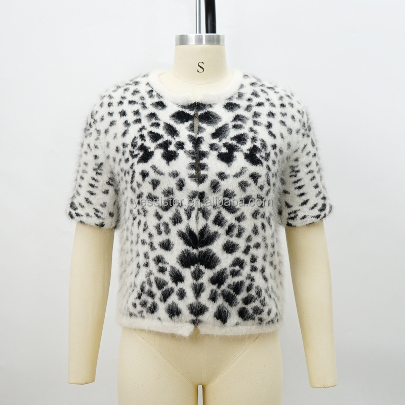 Women Mohair Hairy Fuzzy Short Sleeve Jacquard Knitwear Leopard Knit Cardigan Sweaters