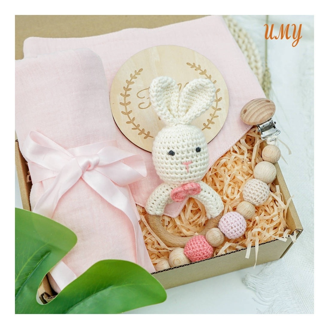 Newborn Shower Gift Box Baby 100% Cotton Infant Wrap Muslin Swaddle Blanket crochet Bunny rattle gift Set