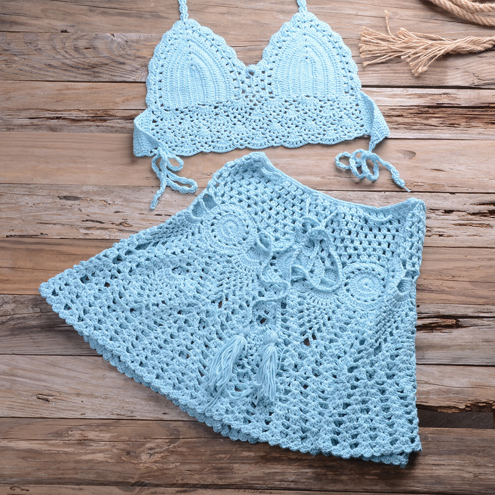 2 piece crochet bikini and skirt sexy girl crochet knitting fabric bikini crochet knit bottom plus ukuran swimwear beachwear