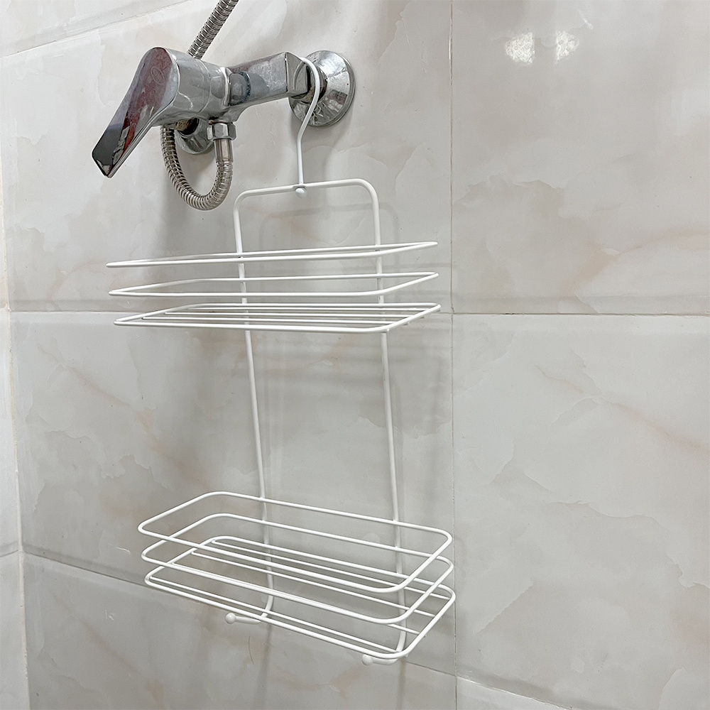 Factory Directly Metal Wire White Shower Caddy Rack Two Tier Wire Basket For Bath Shelf Holder And Shower Caddy With Hook