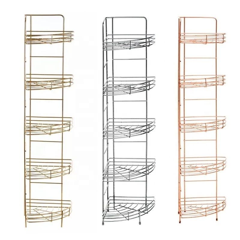 Factory Big Size Freestanding Metal Chrome Wire 5 Tier shelf Tall Gold 5 Tier Corner Metal Shelves For Bath accessory organizer