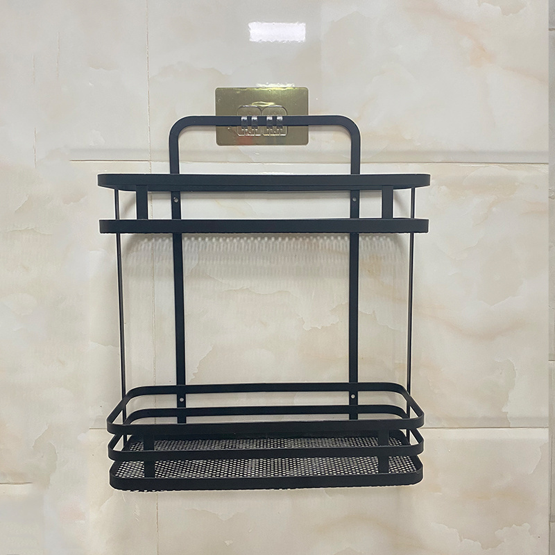 Wholesaler Metal Wire Mesh Wall Hanging Bathroom shelf Rack Black Mesh Sink Base Rectangular 2 Tier Wall Shelf For Bathroom Rack