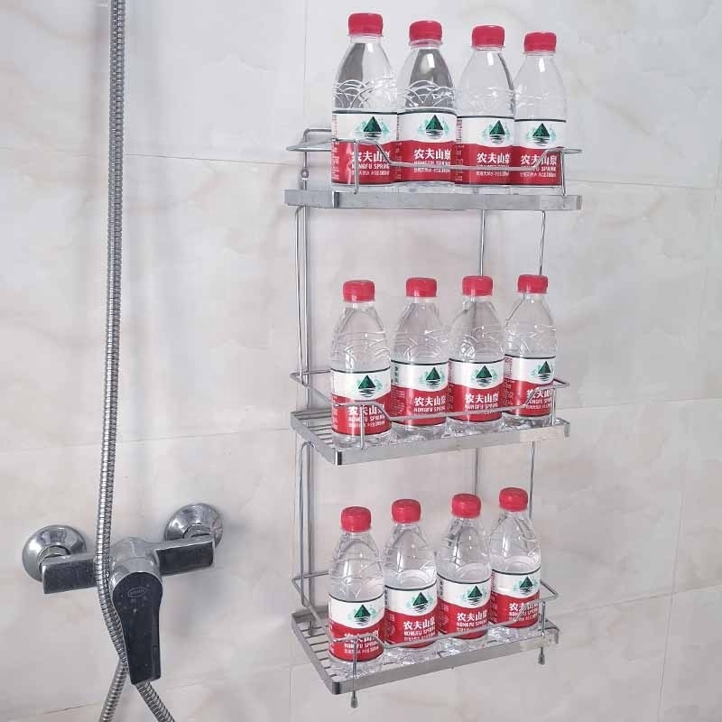 Factory Bathroom Storage Accessories Organizer Wall Mount Chrome Metal Tall Big Capacity 3 Tier Rectangular Rack Shelf With Feet