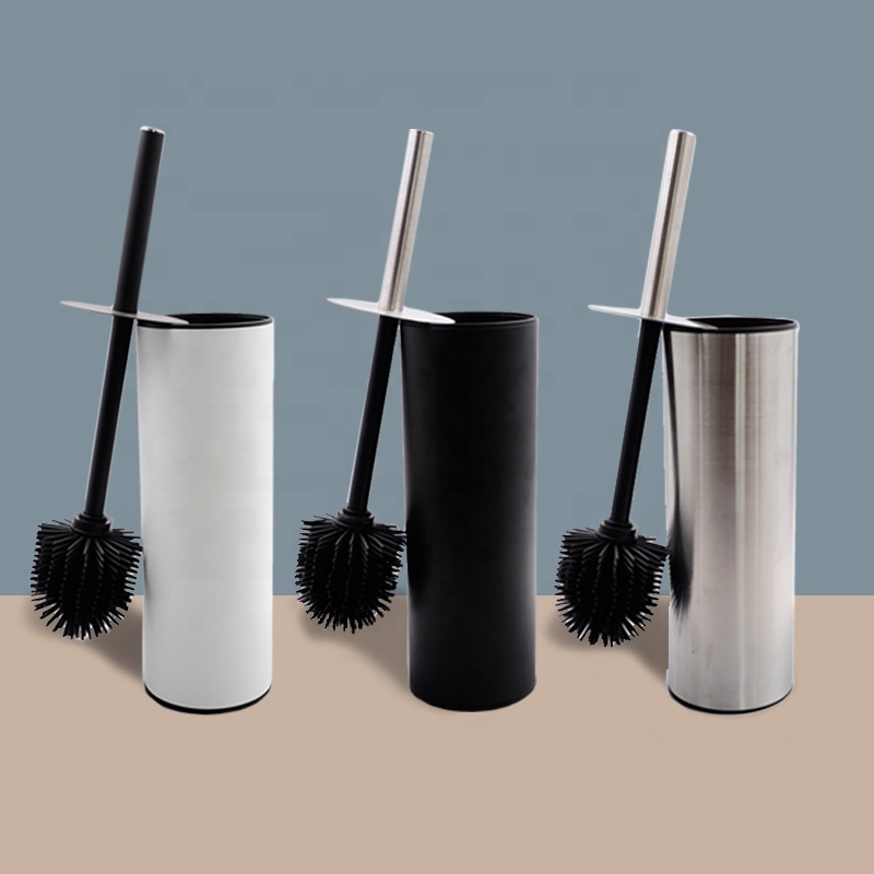 2023 New Trend Stainless Steel Black White Pink Toilet Brush And Containers Novelty Toilet Brush Holders With Silicone Header