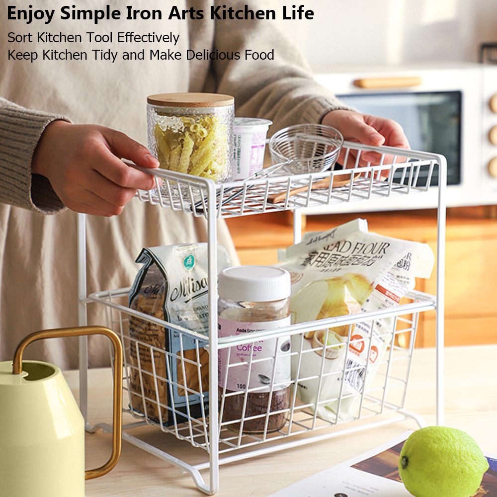 2 Tier White Wire Storage Drawer Cabinet Metal Sliding Baskets Pull Out Pantry Organizer Wire Mesh Basket Shelf For Kitchen