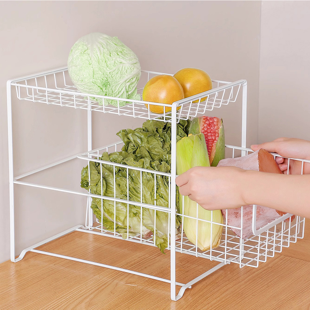 2 Tier White Wire Storage Drawer Cabinet Metal Sliding Baskets Pull Out Pantry Organizer Wire Mesh Basket Shelf For Kitchen