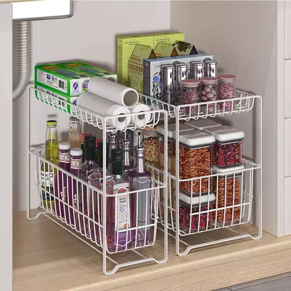 2 Tier White Wire Storage Drawer Cabinet Metal Sliding Baskets Pull Out Pantry Organizer Wire Mesh Basket Shelf For Kitchen