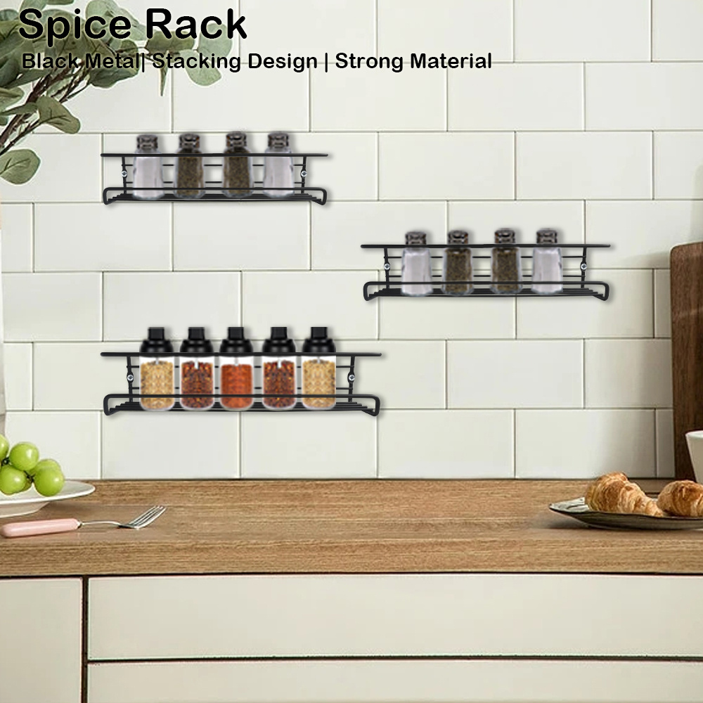 Wall Mounted Metal Black 3-Pack Spice Rack Organizer Modern Steel Wire Comdiment Holder Three-Layer Seasoning Rack For Storage