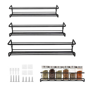 Wall Mounted Metal Black 3-Pack Spice Rack Organizer Modern Steel Wire Comdiment Holder Three-Layer Seasoning Rack For Storage