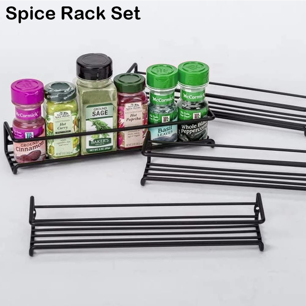 Wall Mounted Metal Black 3-Pack Spice Rack Organizer Modern Steel Wire Comdiment Holder Three-Layer Seasoning Rack For Storage