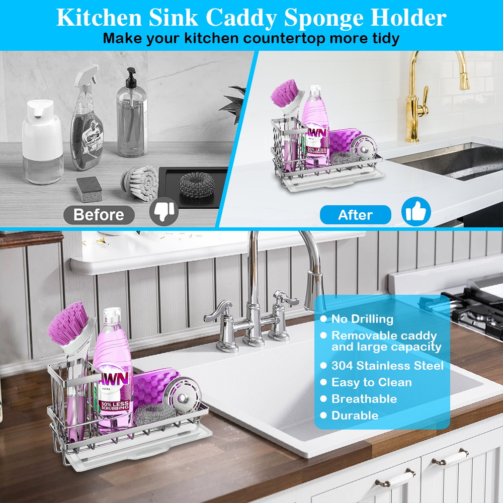 Counter Metal Sink Sponge Stand Holder Chrome Draining Plastic Tray Sink Organizer Stainless Steel With Removal Tool Brush Caddy