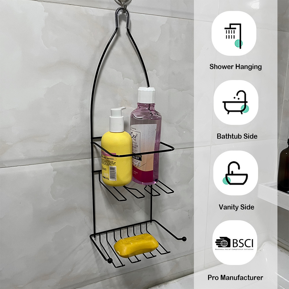 Small Size 2 Tier Metal Wire Shower Organizer Shelves Hose Keeper Shower Caddy Hanging Black For Hanging Bathroom Rack