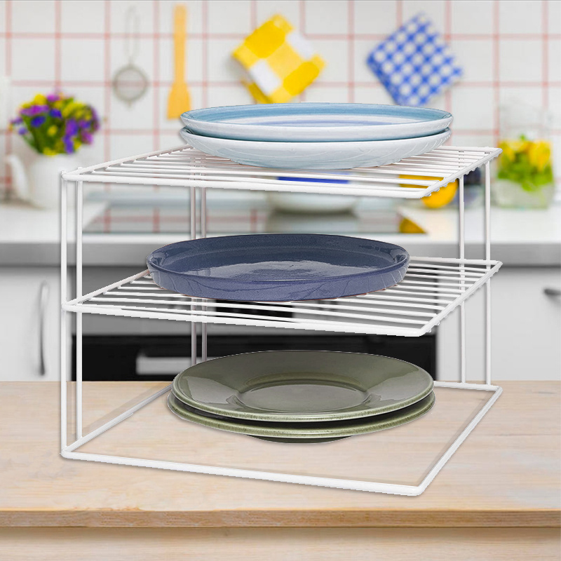 White Cupboard Square Dish Plate Rack Cabinet Corner Plated Holder for Kitchen, Bathroom, Office or Laundry Room Corner Shelf