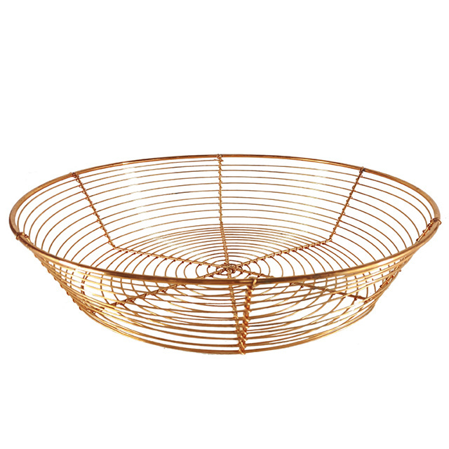 Classical Vintage Rose Gold Fruit Basket Iron Wholesale Metal Woven Wire Dish Copper Storage Basket Round For Home Kitchen