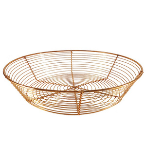 Classical Vintage Rose Gold Fruit Basket Iron Wholesale Metal Woven Wire Dish Copper Storage Basket Round For Home Kitchen