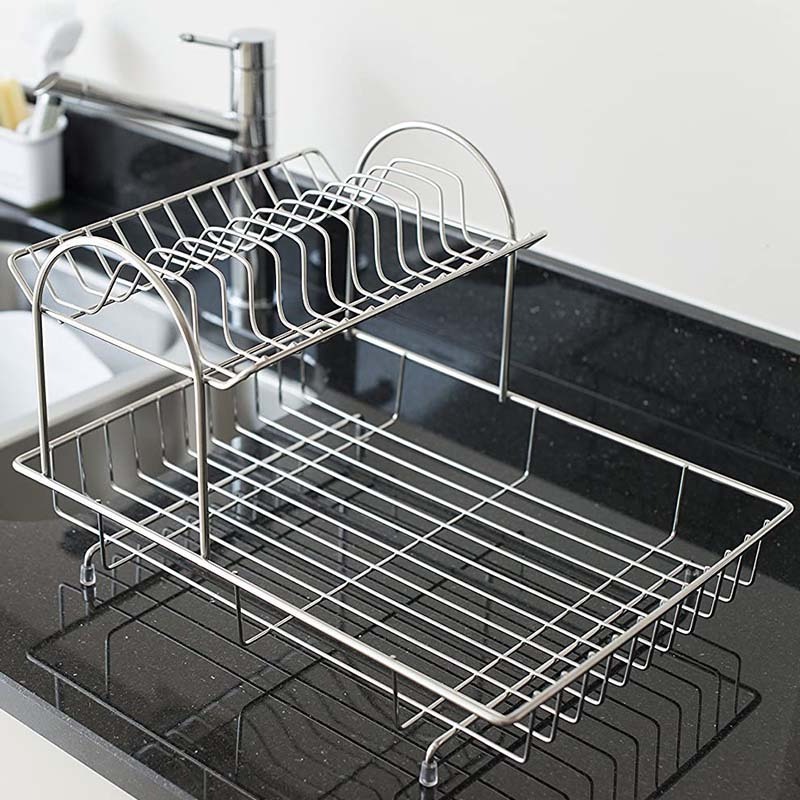 Kitchen Sink Plate Dish Draining Rack Storage Holder Stainless Steel 2 Tier Dish Rack With Bottom layer Cup&bowl Organizer