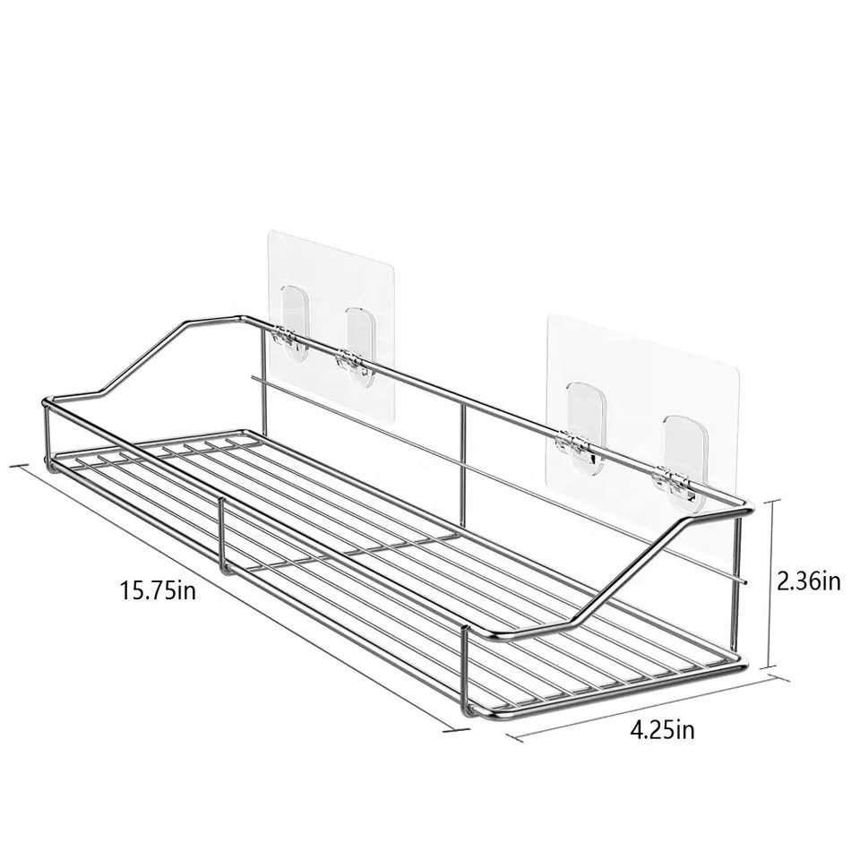 Factory Supplier SS304 self adhesive rectangular  shower caddy Metal Wire  lengthen adhesive bathroom shelf For Shower Shampoo