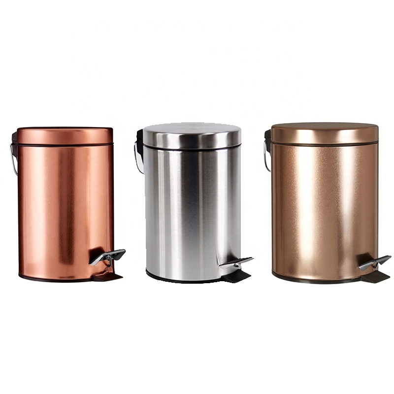 3L 5L 7L 12L 20L 30L Stainless Steel Round Pedal Trash Bins Metal Brass Copper Pedal Trash Can With  Auto Slow Down Flat Lid