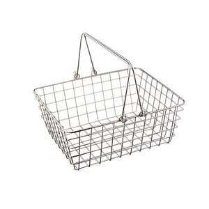 Factory Direct Rectangular Chrome Supermarket Stainless Steel Wire Mesh Metal Shopping Basket With 2 Handles