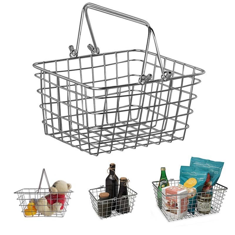 Factory Direct Rectangular Chrome Supermarket Stainless Steel Wire Mesh Metal Shopping Basket With 2 Handles