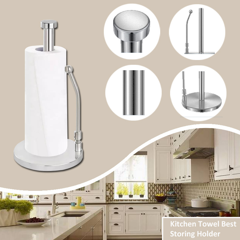 Factory Kitchen Paper Holder Stainless Steel Roll Toilet Paper Holder Kitchen Paper Towel Holder WIth Spring Metal Pole Stand