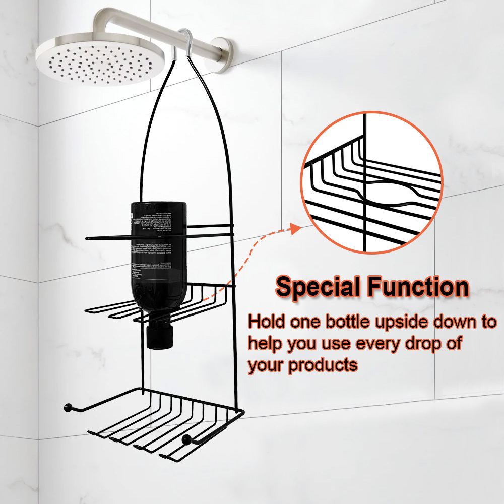 Small Size 2 Tier Metal Wire Shower Organizer Shelves Hose Keeper Shower Caddy Hanging Black For Hanging Bathroom Rack