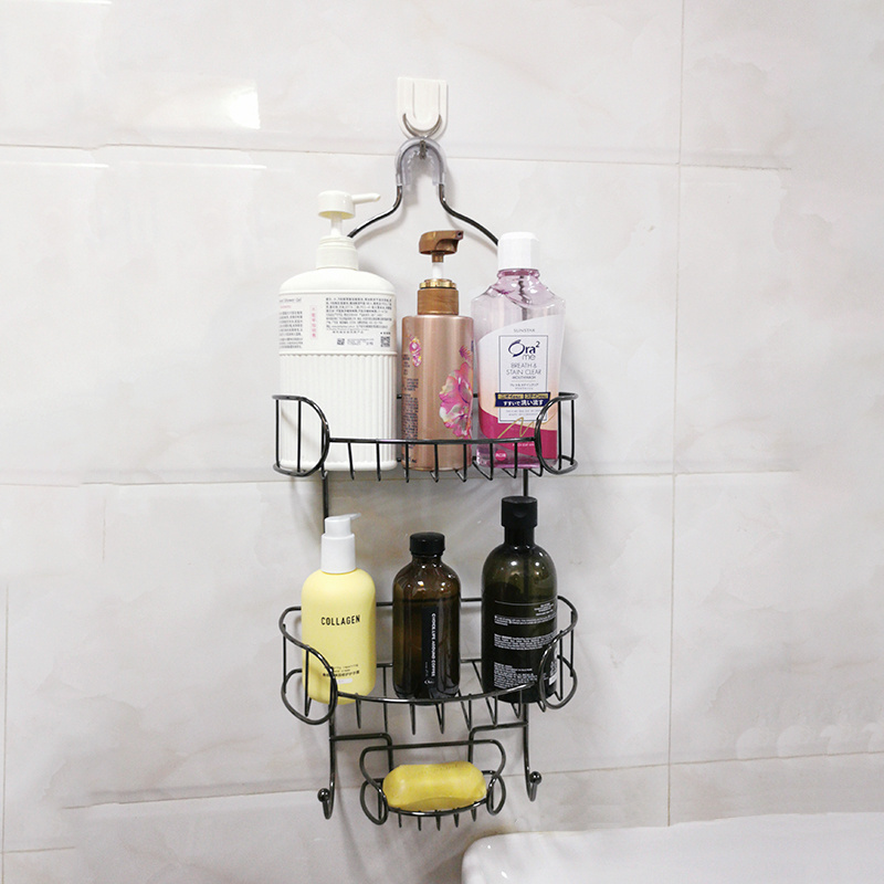 Factory Metal Wire Black modern Storage caddy shower head organizer 3 tier Bathroom Shelf Shower Caddy With Hooks