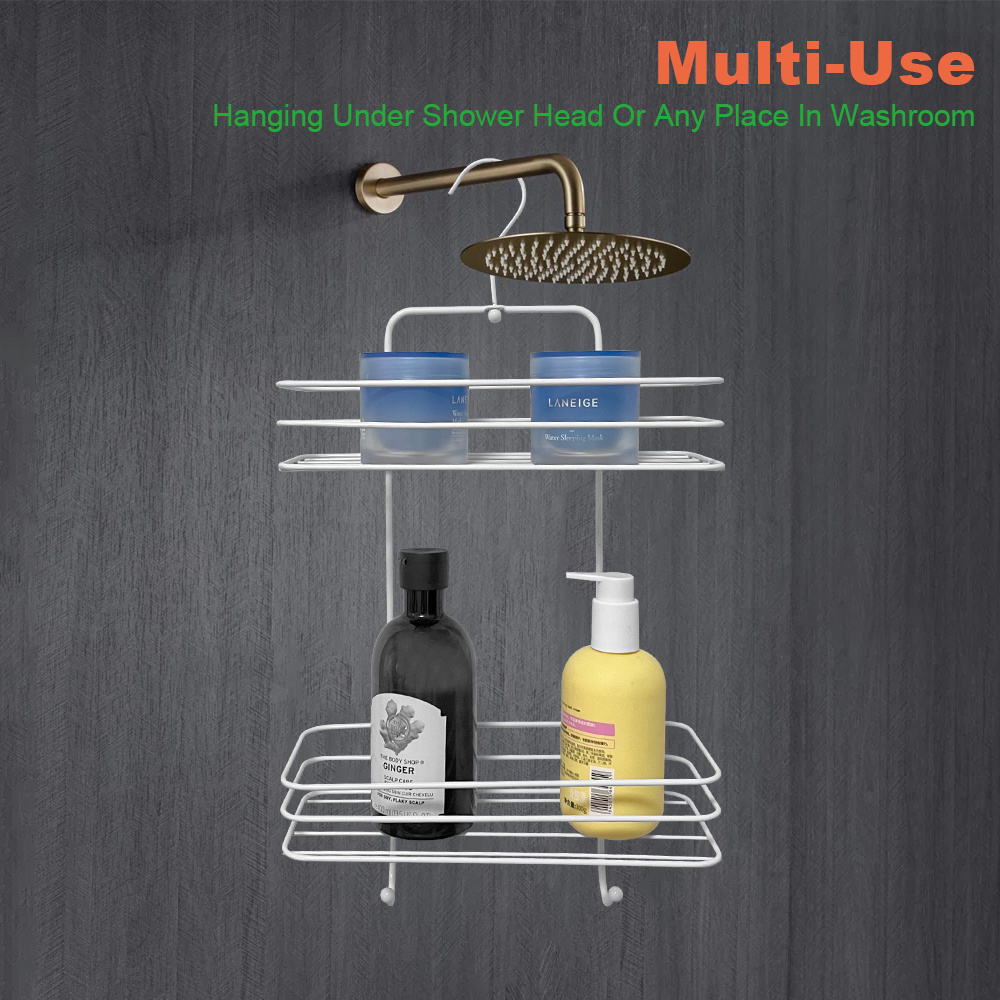 Factory Directly Metal Wire White Shower Caddy Rack Two Tier Wire Basket For Bath Shelf Holder And Shower Caddy With Hook