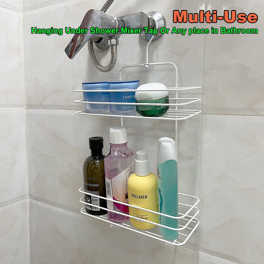 Factory Directly Metal Wire White Shower Caddy Rack Two Tier Wire Basket For Bath Shelf Holder And Shower Caddy With Hook