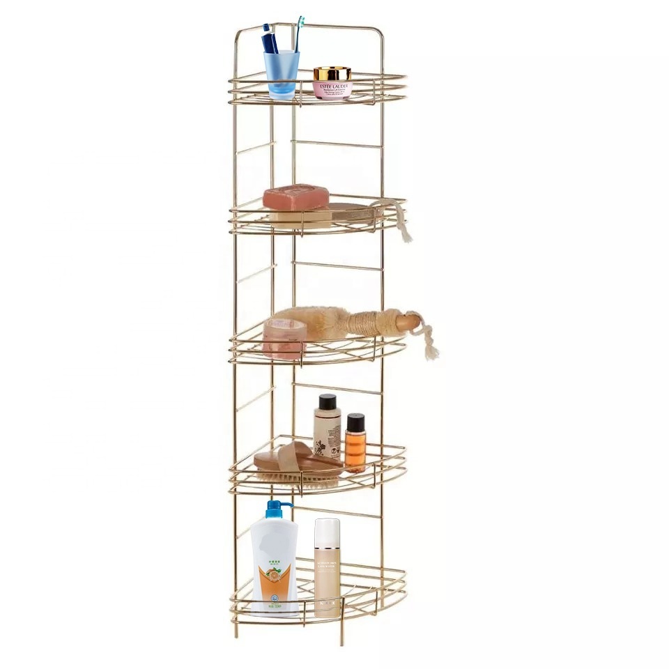 Factory Big Size Freestanding Metal Chrome Wire 5 Tier shelf Tall Gold 5 Tier Corner Metal Shelves For Bath accessory organizer