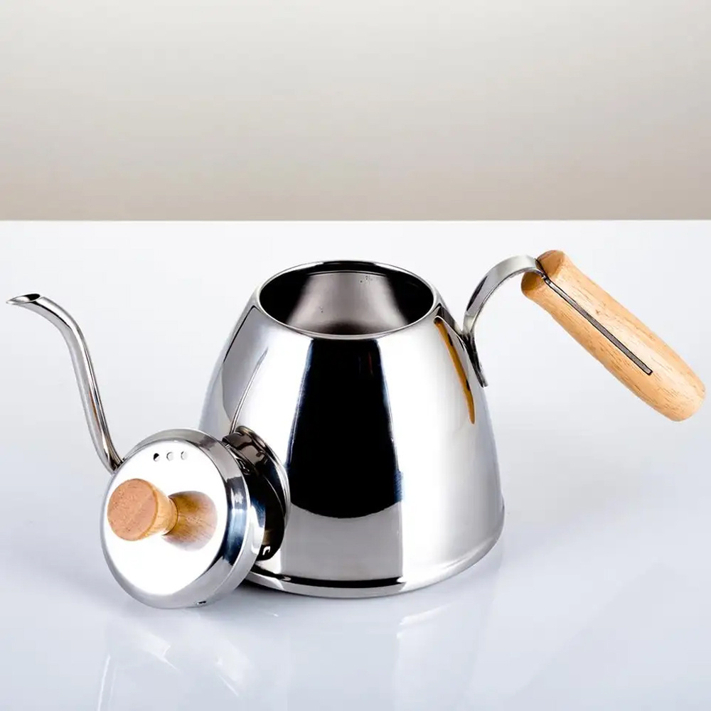 Superior Mirror Stainless Steel 18/8 Pour Over Coffee Drip Kettles Wood Handle Coffee Goose Neck Kettle For Cafe Lover