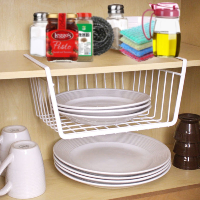 Fashionable Under Shelf Cabinet Wire Storage Basket White Table Hanging Bracket Under Cabinet Organizer