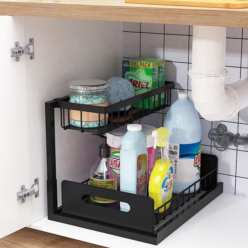 2 Tier Pull Out Under Sink Organizer Storage Holders Sliding Cabinet Basket Storage Drawers For Kitchen