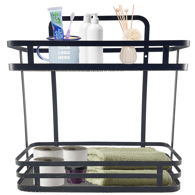 Wholesaler Metal Wire Mesh Wall Hanging Bathroom shelf Rack Black Mesh Sink Base Rectangular 2 Tier Wall Shelf For Bathroom Rack