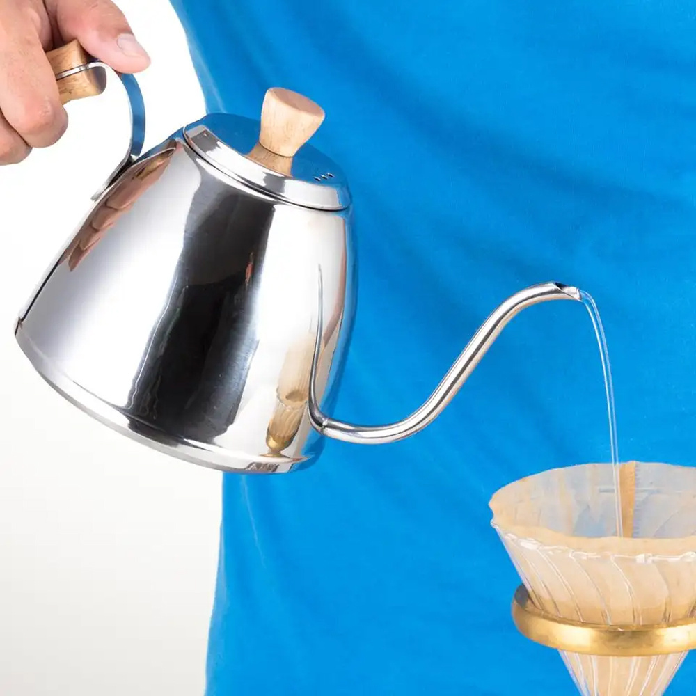 Superior Mirror Stainless Steel 18/8 Pour Over Coffee Drip Kettles Wood Handle Coffee Goose Neck Kettle For Cafe Lover