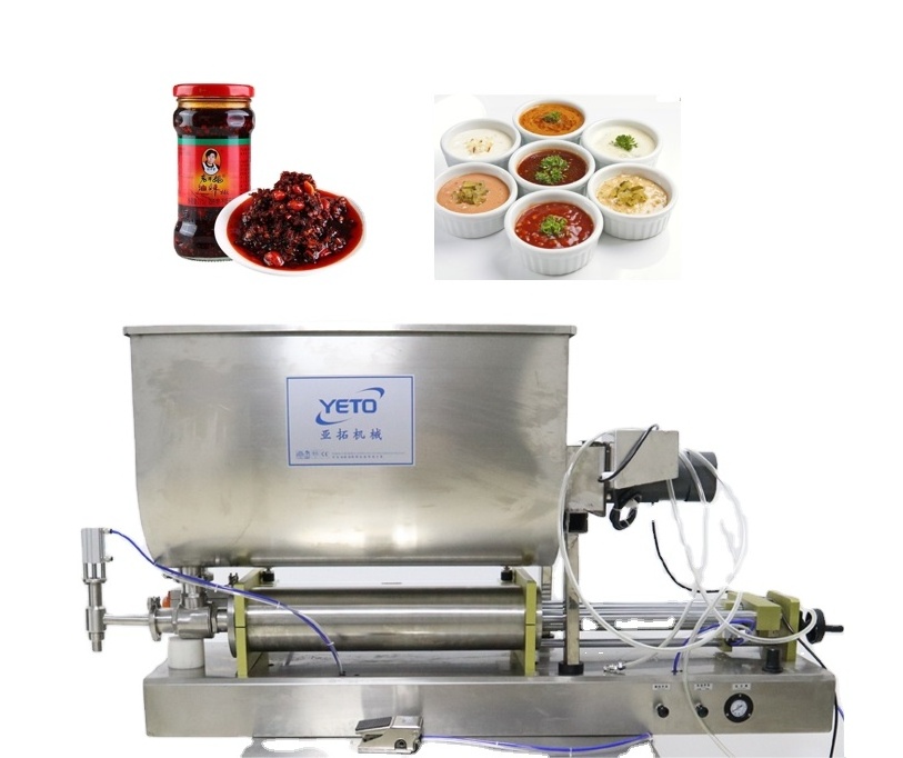 Semi automatic strawberry jam chili sauce ketchup peanut butter bottle can jar filler pneumatic mixing filling machine