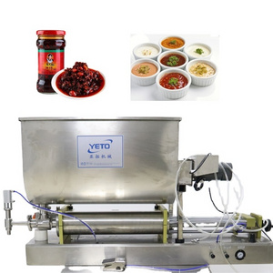 Semi automatic strawberry jam chili sauce ketchup peanut butter bottle can jar filler pneumatic mixing filling machine