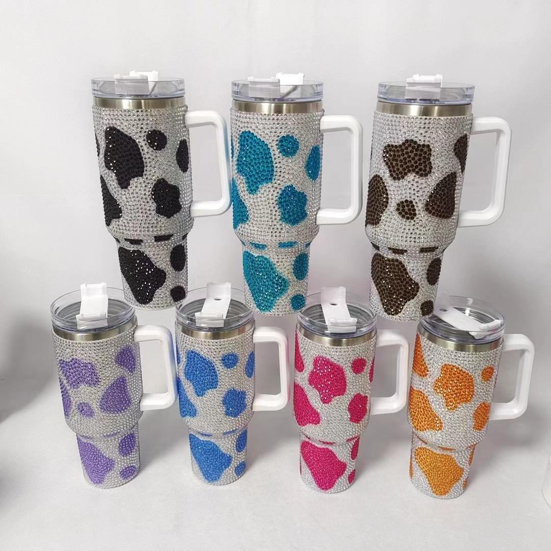 Yeway Oem/Odm Tasses Cafe Custom Vacuum Stainless Steel Iced Water Cup Mug Water Bottle Leopard Paw Cow Rhinestone 40 Oz Tumbler