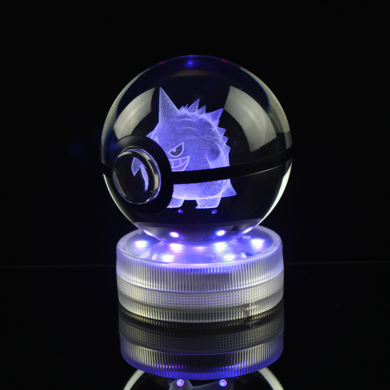 Drop-shipping Crystal Glass 3D Engraving Carte Pokemon Ball Pokeball Toy With LED Base