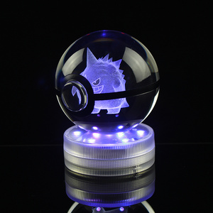 Drop-shipping Crystal Glass 3D Engraving Carte Pokemon Ball Pokeball Toy With LED Base