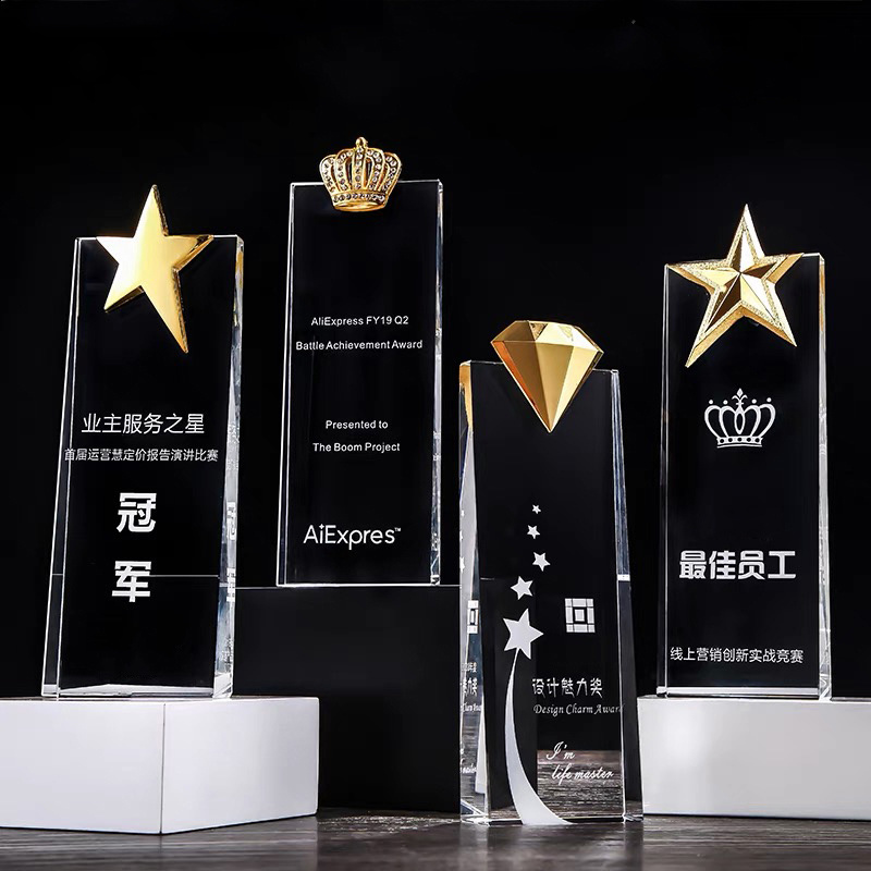 Factory Custom Crystal Diamond Trophy Crown Plaque Star Award For Event Prizes