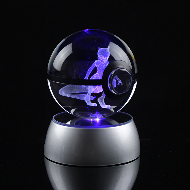 Drop-shipping Crystal Glass 3D Engraving Carte Pokemon Ball Pokeball Toy With LED Base