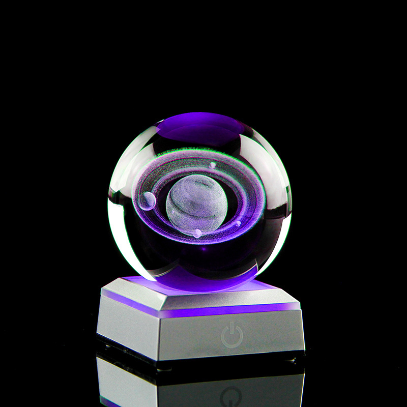 Crystal ball Crystal Saturn Planet Globe 3D Laser Engraved Solar System Galaxy Ball With LED Light Base